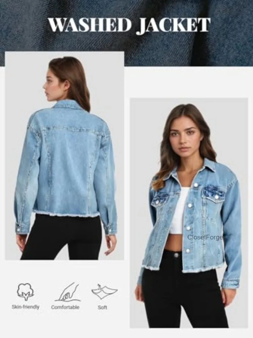 Women's Cropped Denim Jacket Frayed Raw Hem Button Front Long Sleeve